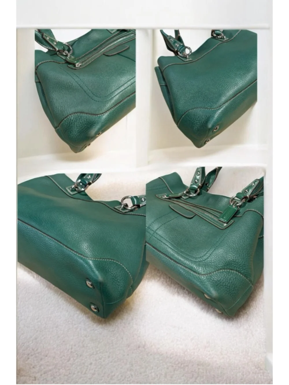 COACH Green Leather Satchel Carryall Pebbled Bag